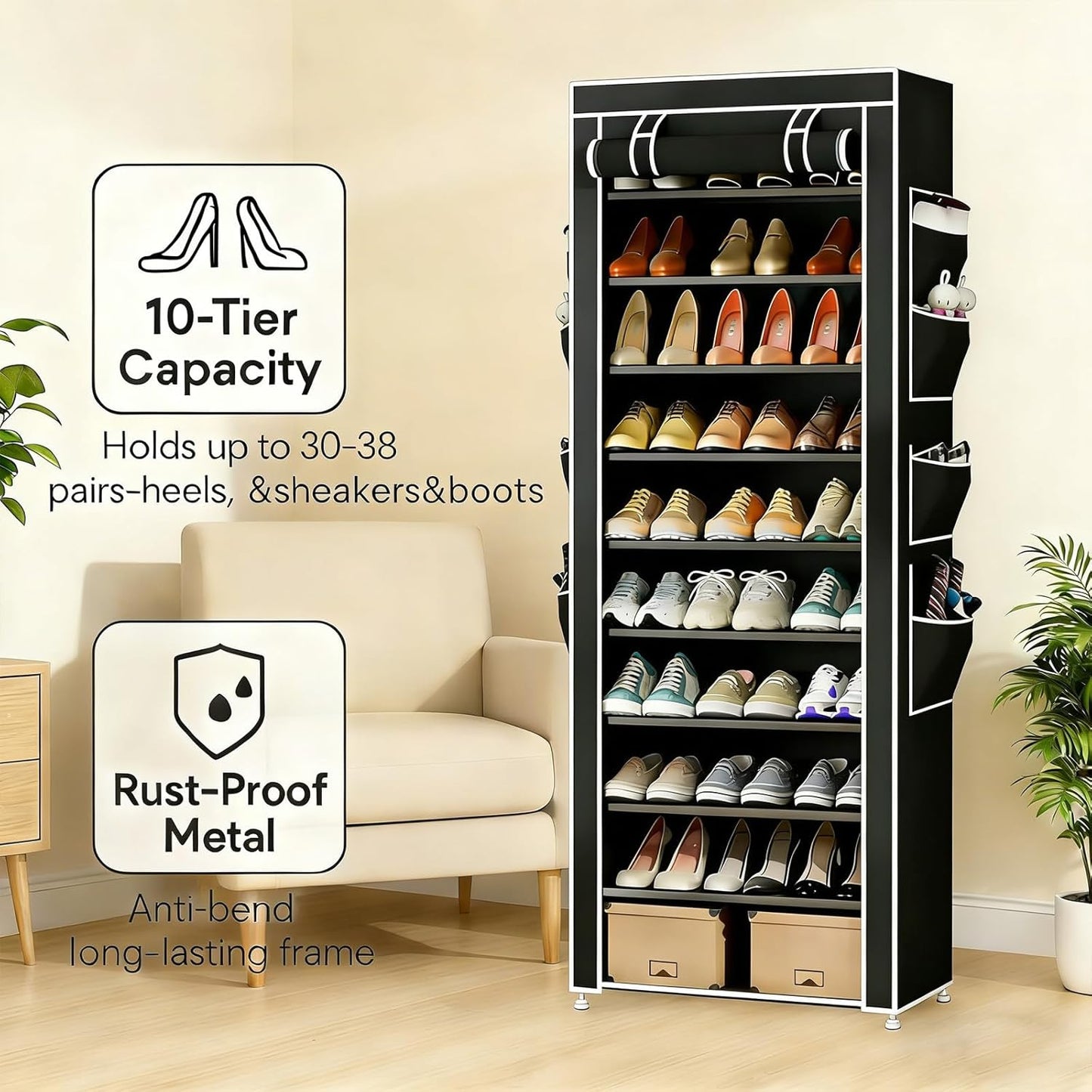 HOACHAN 10-Tier 30-38 Closet Shoe Rack with Dustproof Cover, Large Capacity Shoes Storage Organizer Holds Pairs