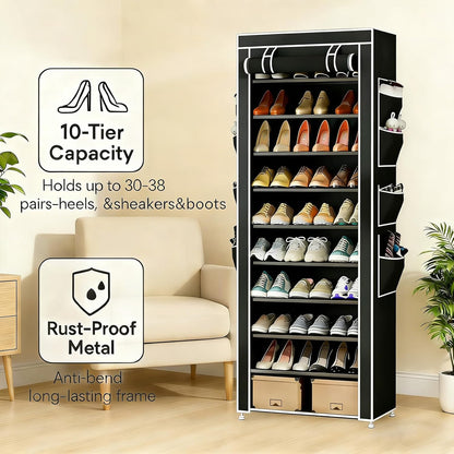 HOACHAN 10-Tier 30-38 Closet Shoe Rack with Dustproof Cover, Large Capacity Shoes Storage Organizer Holds Pairs