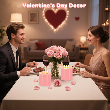 Large 3 Wick Flameless Candles, 4"x4" Flickering Flameless Candles with Remote & Timer, Dimmable Real Wax LED Candles Battery Operated, Electric Pillar Candles for Wedding Valentine's Day Decor (Pink)