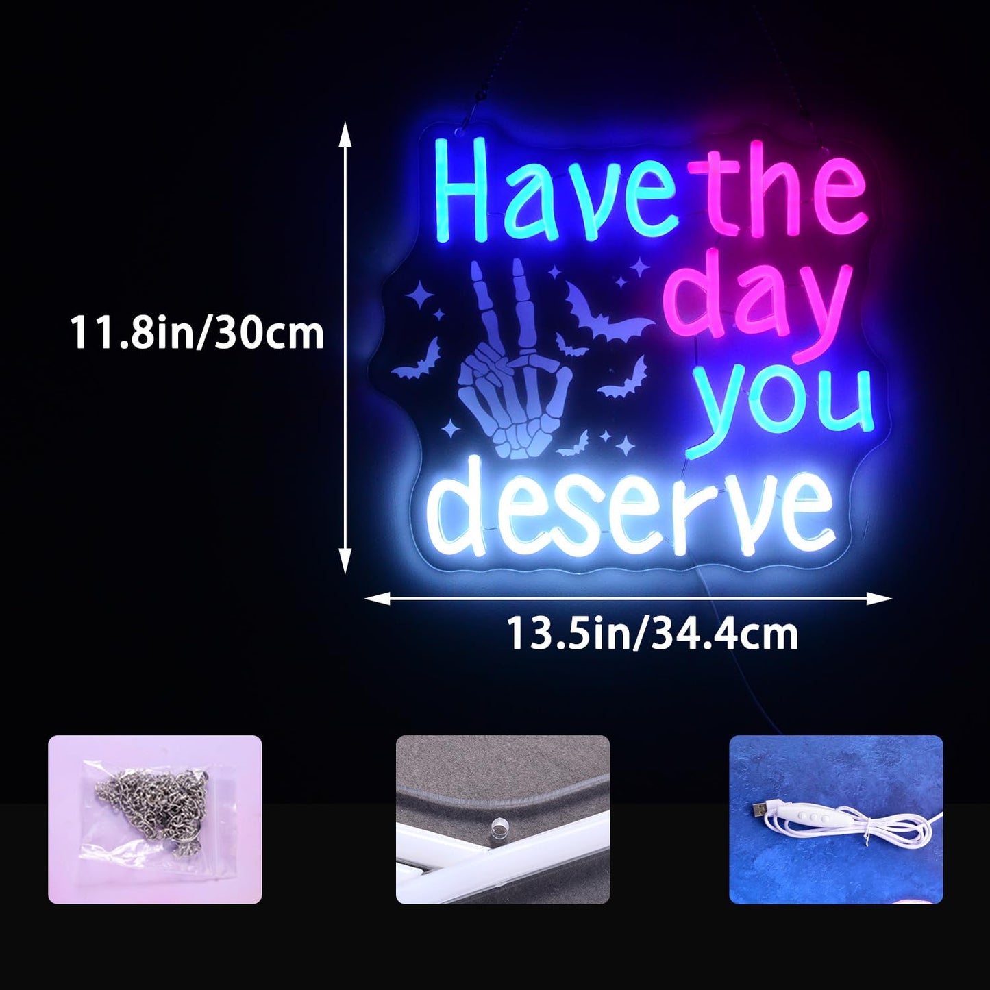 Have The Day You Deserve Gothic Emo Neon Sign Edgy Dark Humor Skeleton Hand Funny LED Neon Light for Home Bar, Horror Room Decor, Ironic Gift for Sarcastic Friends
