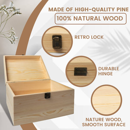 VIKOS Products 10.71x8x5.66-Inch Unfinished Wooden Box with Hinged Lid & Front Clasp for DIY Art Project Crafts Woodcraft Keepsake - Easy to Stain Paint Wood Burning