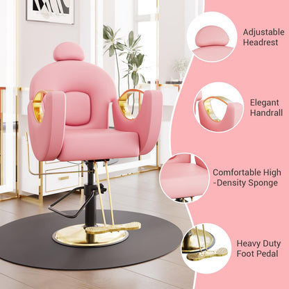 Professional Reclining Salon Barber Chair with Heavy-Duty Pump, Height-Adjustable & 360° Swivel Styling Chair, 330 LBS Capacity, Comfortable High-Density Cushion for Spas, Tattoo Studios, Pink & Gold