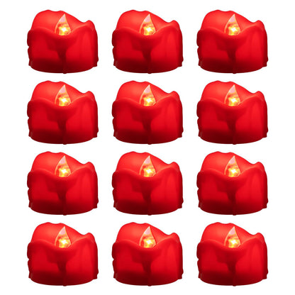 Windshell Red Flickering Flame Tealight Candles with 6H Timer (No Remote), Battery Operated Flameless Tea Lights with Melting Design, for Valentine's Day Christmas Wedding Party, 12 Pack