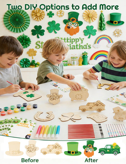 Bafeil 24 Set St. Patrick's Day Crafts for Kids - Color Your Own Art St. Patrick's Day Coloring Craft with Magnets Paints- Non-Toxic DIY Wood Paint Crafts Kits- St. Patrick's Activities for Classroom
