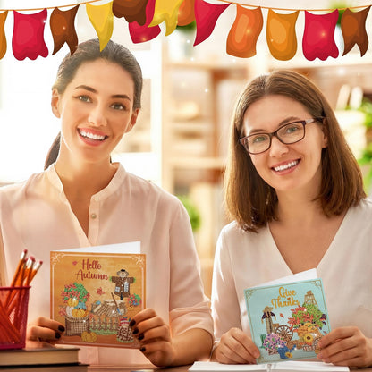 TecUnite 12 Pack Thanksgiving Diamond Painting Greeting Card Kits Fall Thanksgiving Diamond Art Cards with Envelopes Pumpkin DIY Crafts Kit Rhinestones Paint Scarecrow Cards for Friend Birthday Gifts