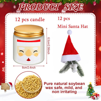 Conelist 24 Pack Christmas Scented Candles Jar Set Include 12 Pcs 7oz Soy Wax Aromatherapy Candles and 12 Pcs Mini Santa Hat Holiday Party Favor Gift Bulk for Women Men Adult Coworker