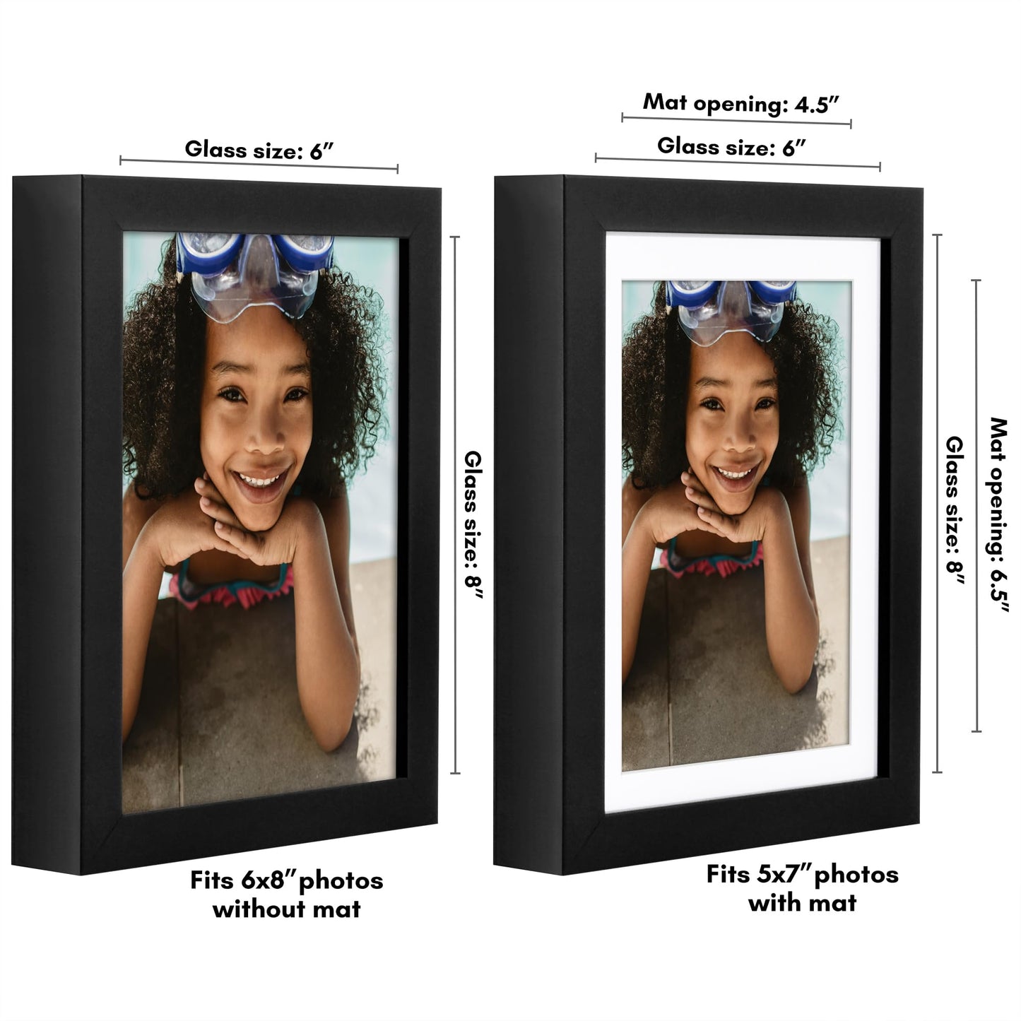Americanflat 6x8 Picture Frame with Shatter-Resistant Glass - Use as 5x7 Frame with Mat or Display 6x8 Photo Without Mat - Soho Collection - Deep Molding Picture Frames for Tabletop or Wall - Black