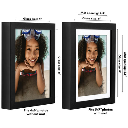 Americanflat 6x8 Picture Frame with Shatter-Resistant Glass - Use as 5x7 Frame with Mat or Display 6x8 Photo Without Mat - Soho Collection - Deep Molding Picture Frames for Tabletop or Wall - Black