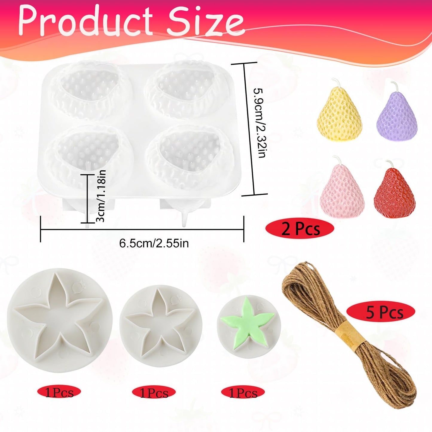 Strawberry Silicone Soap Mold DIY Soap Making Set Include 2 Pcs 8 Cavity 3D Strawberry Silicone Mold,3 Leaf Molds,Twine,Molds Handmade Soap Supplies for Crafts, Gifts & Beginners Soap Making