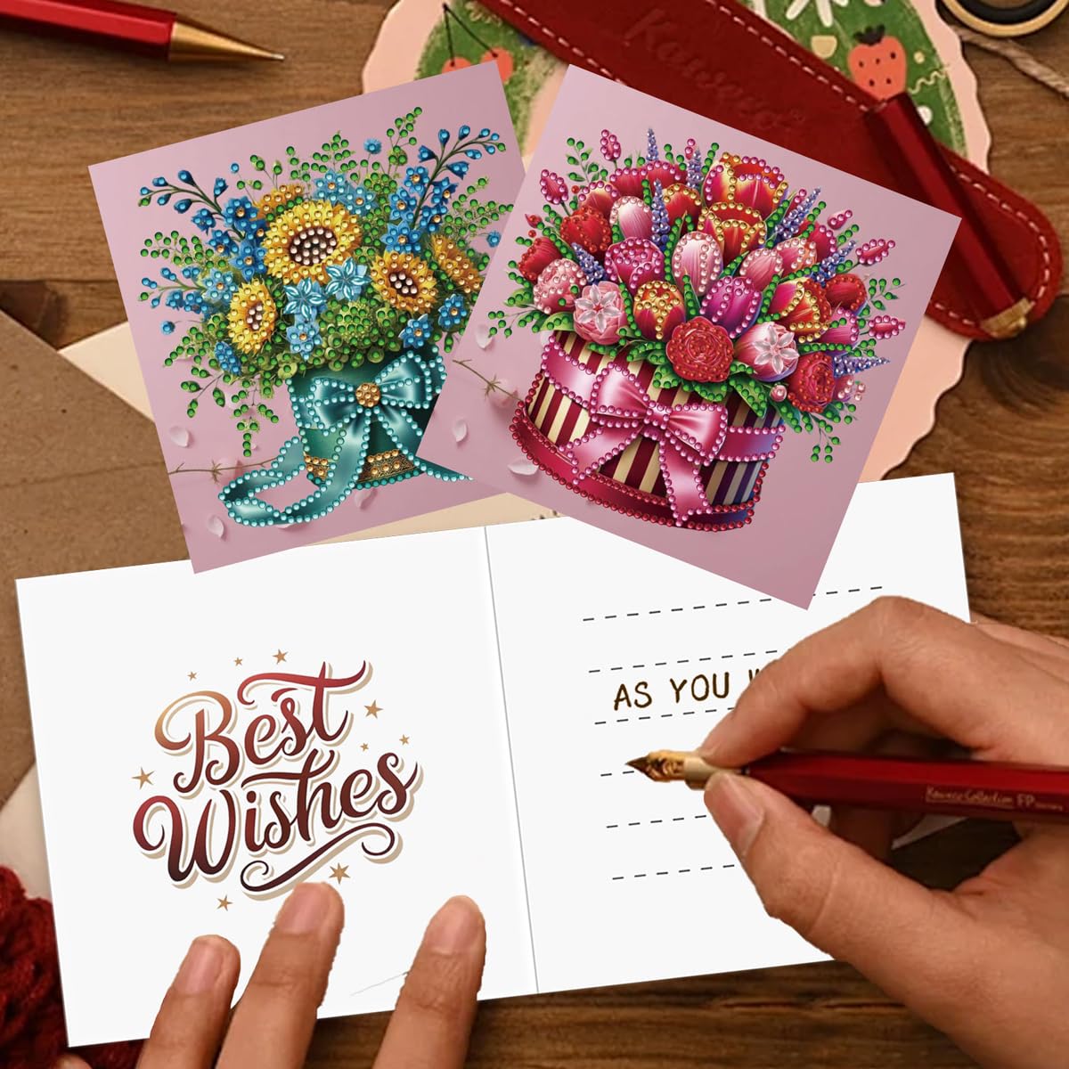JBTM24 12 Packs Diamond Art Cards Kit, Diamond Painting Greeting Cards with Envelopes, DIY Card Making Kits for Adults, Gifts for Families, Friends, Partners (Bouquet)