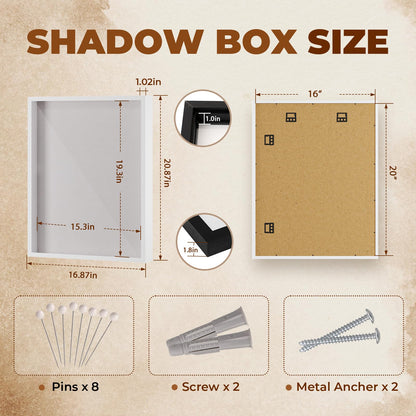 Muzilife 16x20 Shadow Box Frame in White with MDF Wood Frame and Soft Linen Back, Large Shadow Box Display Case for Memorabilia, Photos, Flowers for Wall or Tabletop Display with 8 pins