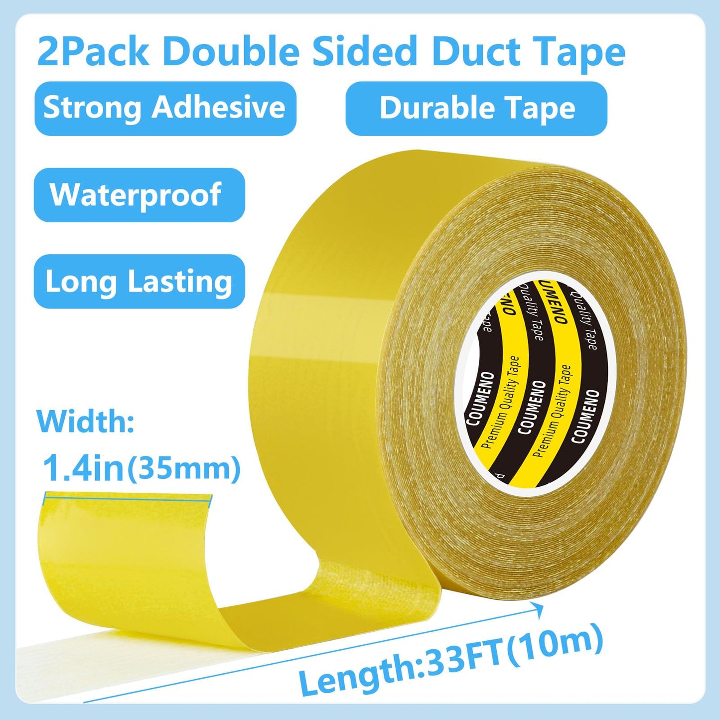 COUMENO Double Sided Tape 1.4inX33FT Heavy DutyClear Fabric Tape for Carpet Rug Mounting Cloth Adhesive Removable for Home Office Craft