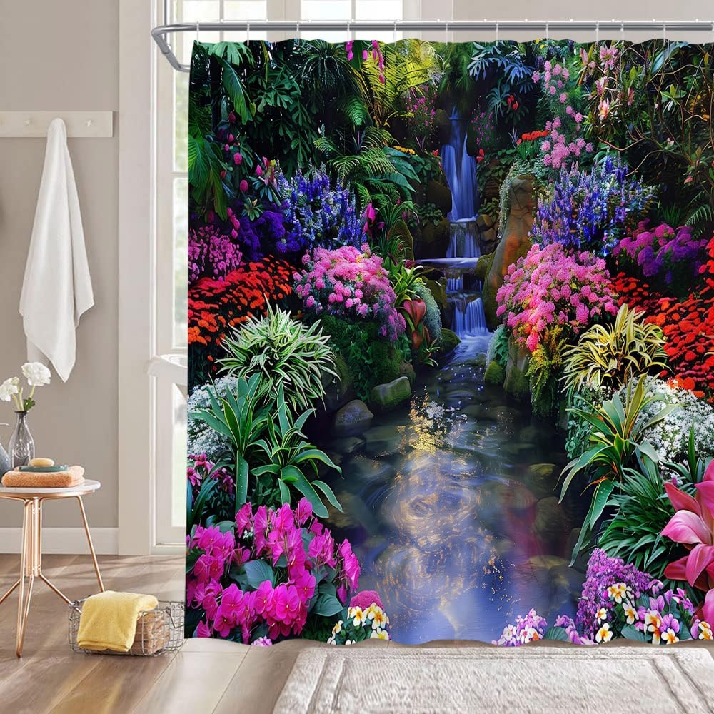 Nature Garden Shower Curtain with Colorful Floral Tropical Plant Jungle Rainforest Design, Hooks Included