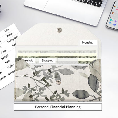 BOFKWSY Cash Envelope Wallet for Budgeting, PU Leather Cute Cash Pouch with 4 Cash Dividers & 1 Category Stickers, Reusable Money Holder for Men and Women Gray Leaf Sketch