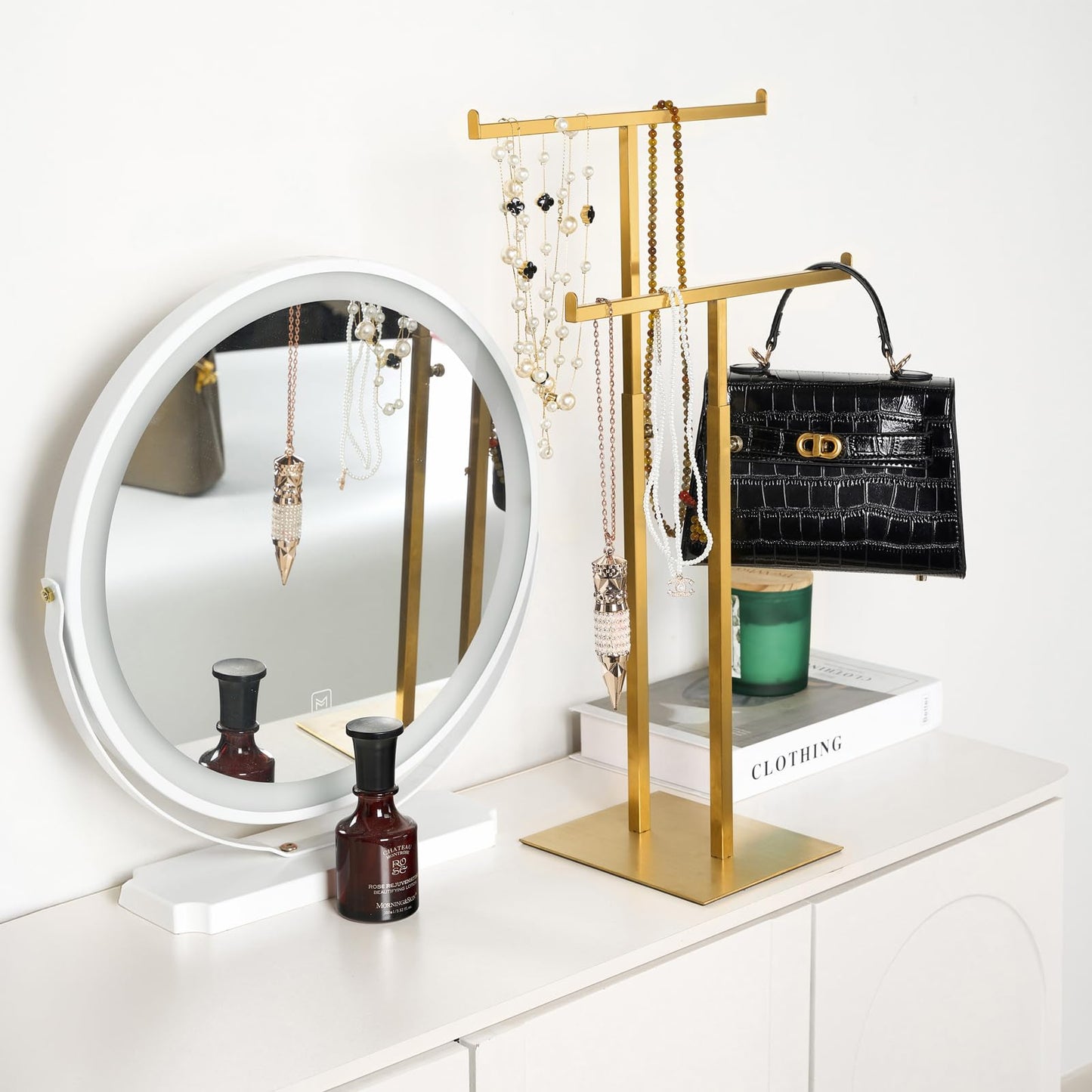 Purse Display Stand Jewelry Towers, Double T-Shaped Tabletop Stainless Steel Hook Hanging Adjustable Height Handbag Holder for Organizer Luxury Bags Necklaces Home Store Boutique Retail Closet