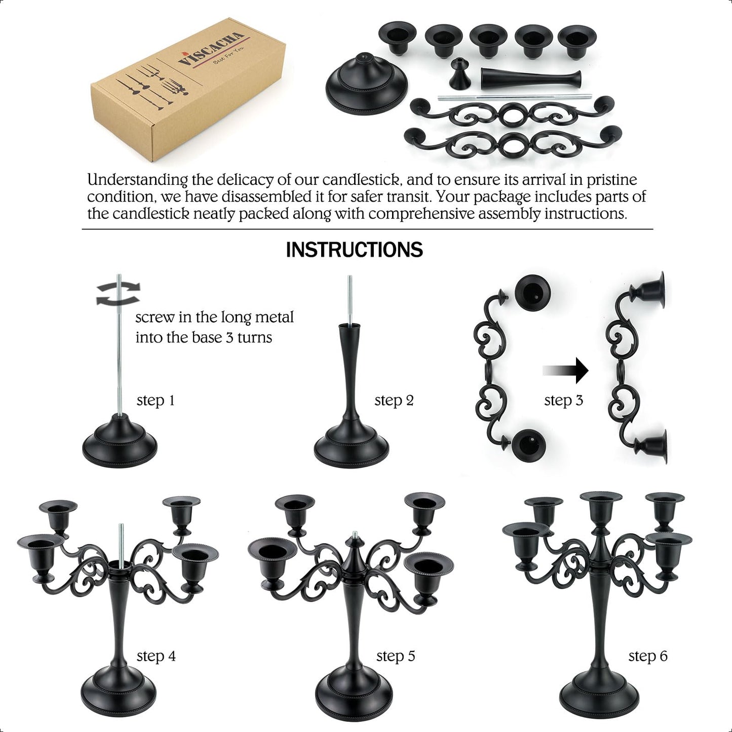Viscacha Metal Candle Holders 5 Wicks Black Candle Holders for Candlesticks Taper Candles（10.6 inch Tall Candelabra, for 1/2-1 inch Pillar Candles Diameter Each）,Candle Stand Decoration