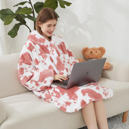 Softan Blanket Hoodie, Oversized Fleece Wearable Blankets for Women and Men Gifts, Cozy Warm and Soft Sweatshirt Blanket with Large Pocket, Pink Cow Print