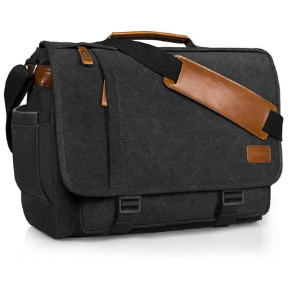 ESTARER Men's Messenger Bag 17.3 Inch Upgraded, Water-resistant Canvas Laptop Bag, Computer Shoulder Bag for College Travel Work, Dark Grey