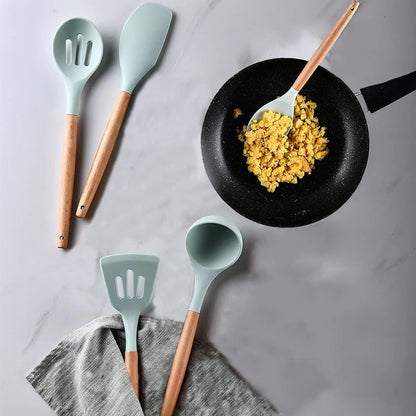 Kitchen Utensils Set, 5 Pcs Non-Stick Silicone Cooking Utensils with Wooden Handle, Heat Resistant Gadgets (Light Green)