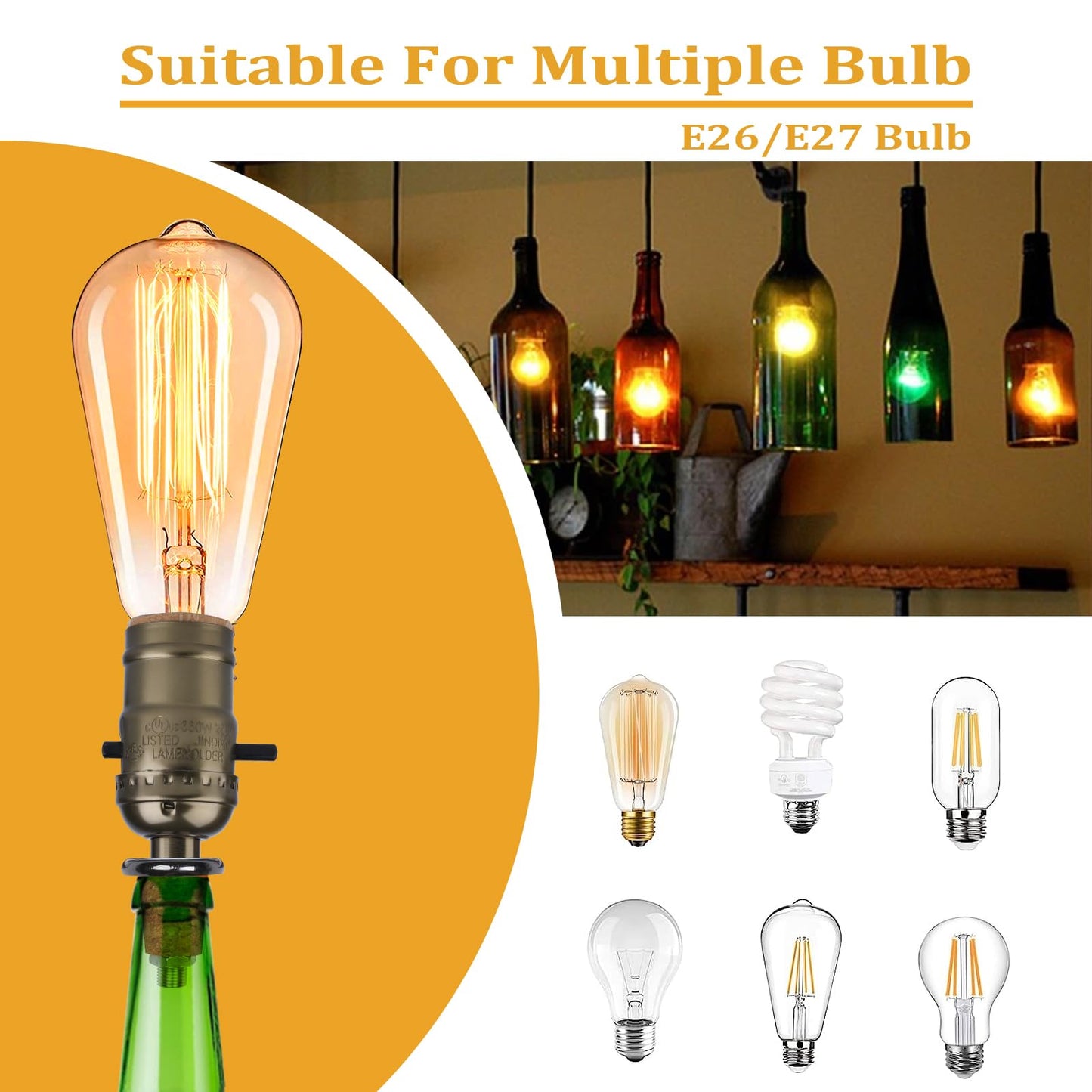 Aokpsrt Bottle Lamp Kit with 9mm Glass Drill bit DIY Lamp Kit for Liquor Bottles with Slip on Socket and 8 Feet Power Cord,No Drilling Required
