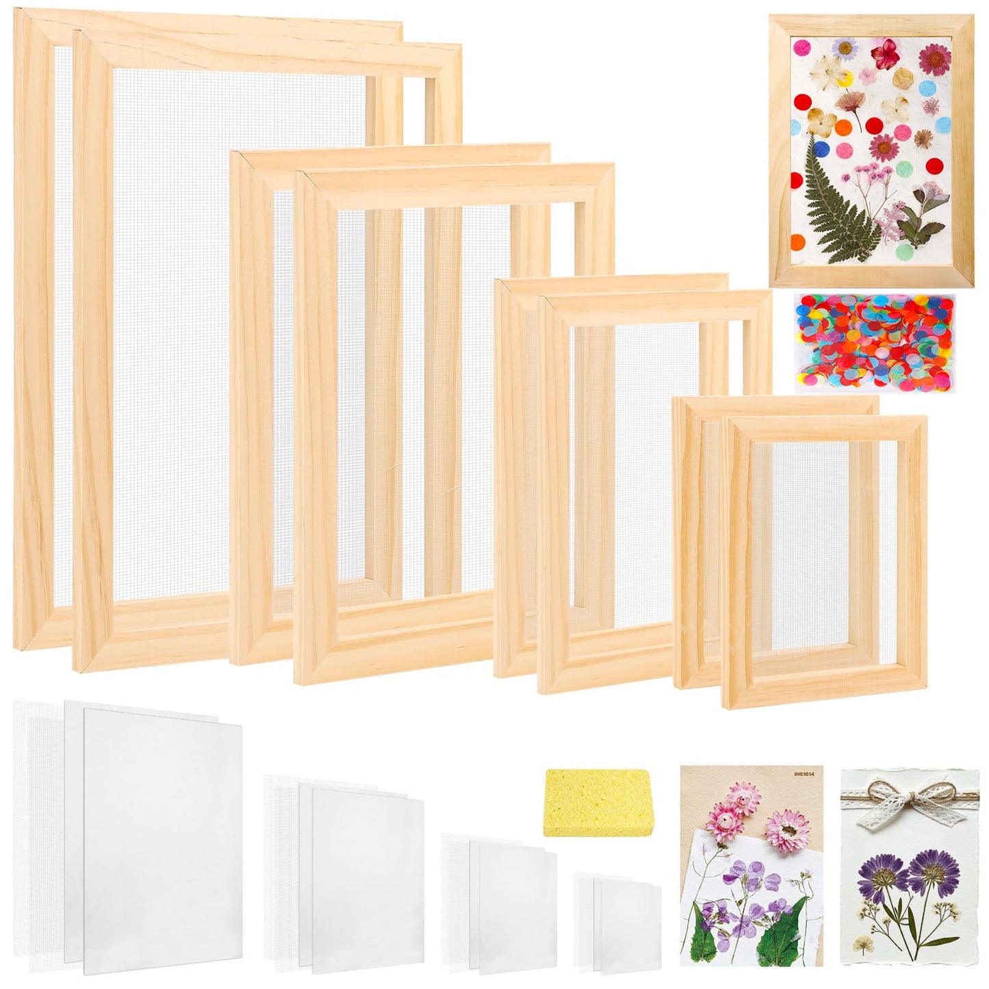 Aboofx Paper Making Kit, A4 A5 A6 A7 Size Paper Making Screen Frame Kit, Wooden Mold and Deckle with Mesh, Absorbent Papers, Sponge and Confetti,DIY Handmade Papermaking Supplies Gift for Craft Lover