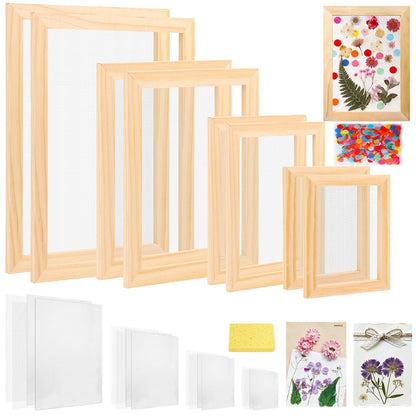 Aboofx Paper Making Kit, A4 A5 A6 A7 Size Paper Making Screen Frame Kit, Wooden Mold and Deckle with Mesh, Absorbent Papers, Sponge and Confetti,DIY Handmade Papermaking Supplies Gift for Craft Lover