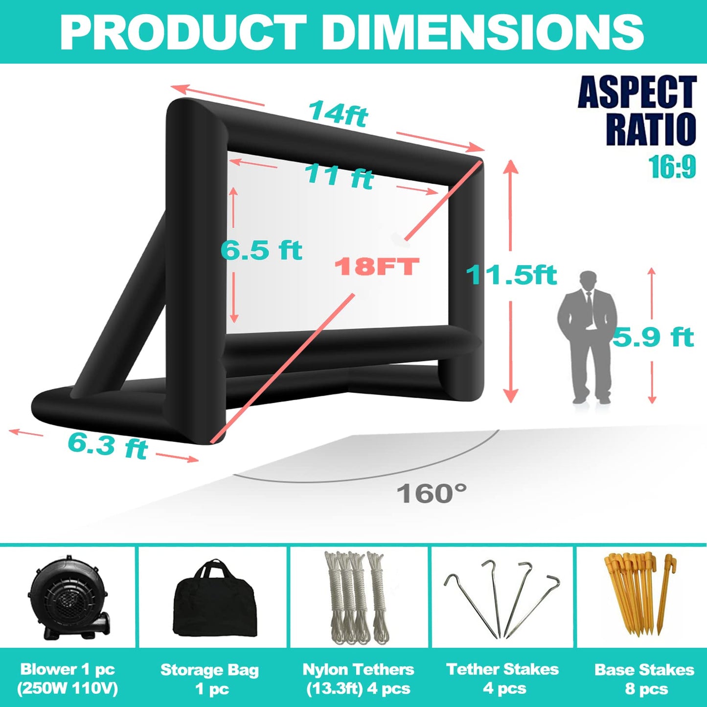 GYUEM 18 feet Inflatable Outdoor Projector Movie Screen - Package with Rope, Blower, Tent Stakes - Portable, Great for Outdoor and Indoor Party Watch Movies