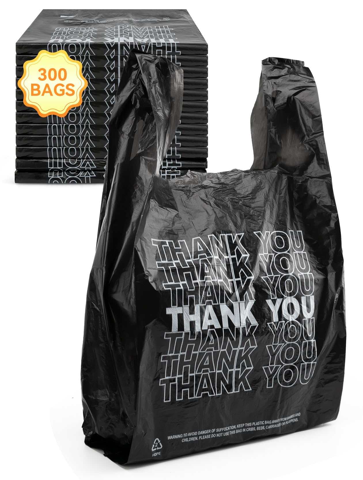 UMT Plastar 300 Count Thank You Bags, 12 x 6 x 22 in, 15 Mic Black Grocery Bags