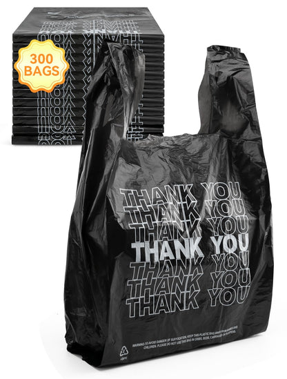 UMT Plastar 300 Count Thank You Bags, 12 x 6 x 22 in, 15 Mic Black Grocery Bags