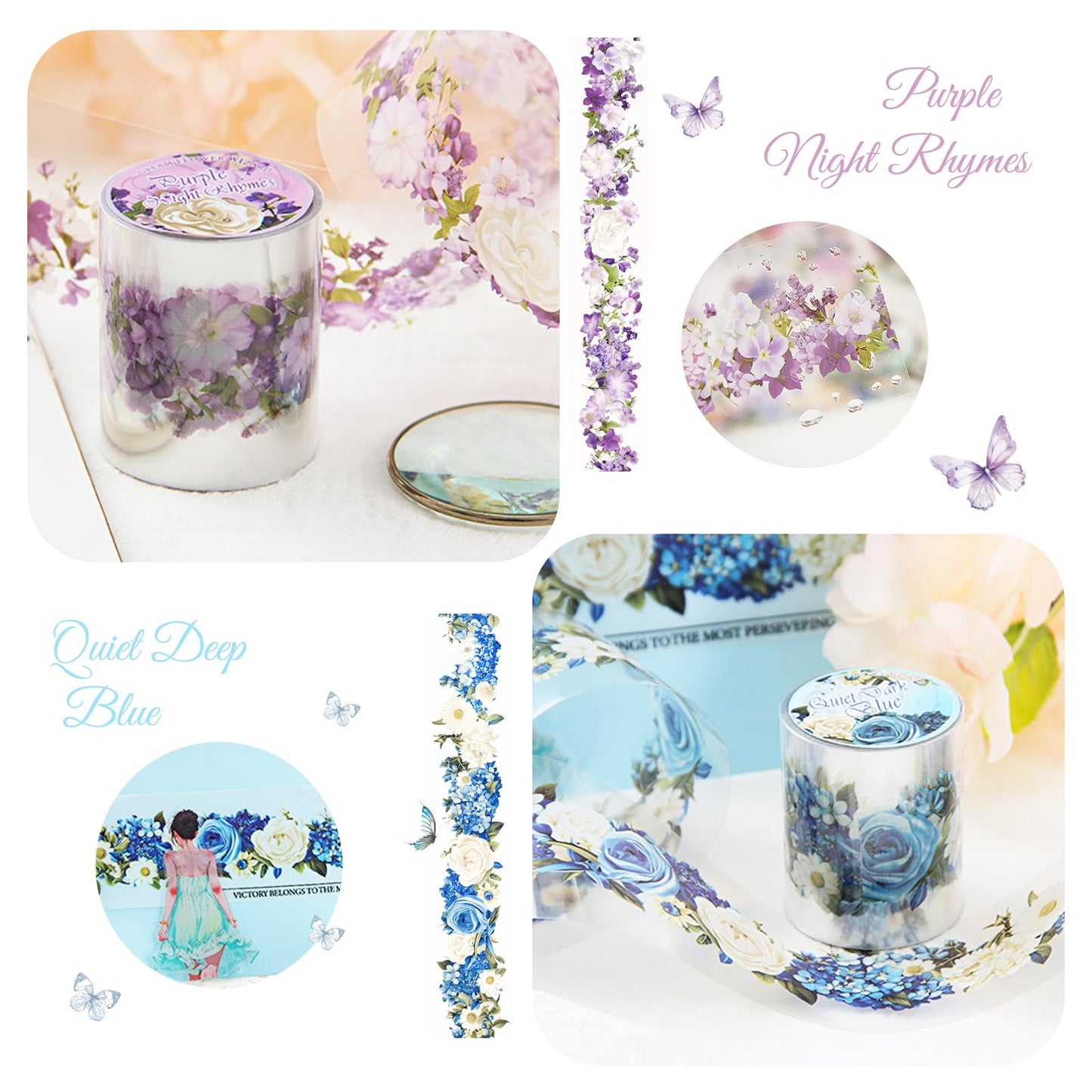 DAPUTOU 6 Rolls PET Washi Tape 50mm Wide Flowers Transparent Ephemera Light Decorative Aesthetic Floral Stickers Set for Junk Journaling, Scrapbook Supplies, Crafting, DIY Projects