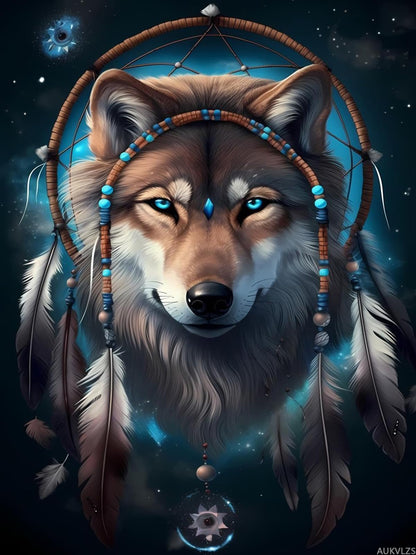 AUKVLZS 5D The Dreamcatcher's Wolf Diamond Painting Kits Native American for Adults, Full Round Diamond Art Craft, Personalized Wall Decoration, Gift for Any Occasion 12x16 inch