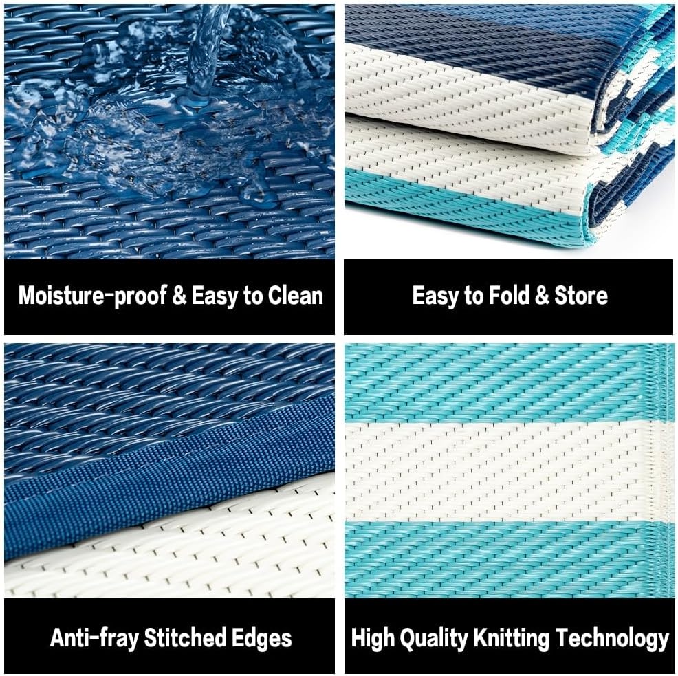 6'x9' HUGEAR Outdoor Waterproof Rug Plastic Straw Rugs Washable Reversible Floor Mat Blue Stripe Carpet for Camping RV