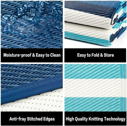 6'x9' HUGEAR Outdoor Waterproof Rug Plastic Straw Rugs Washable Reversible Floor Mat Blue Stripe Carpet for Camping RV