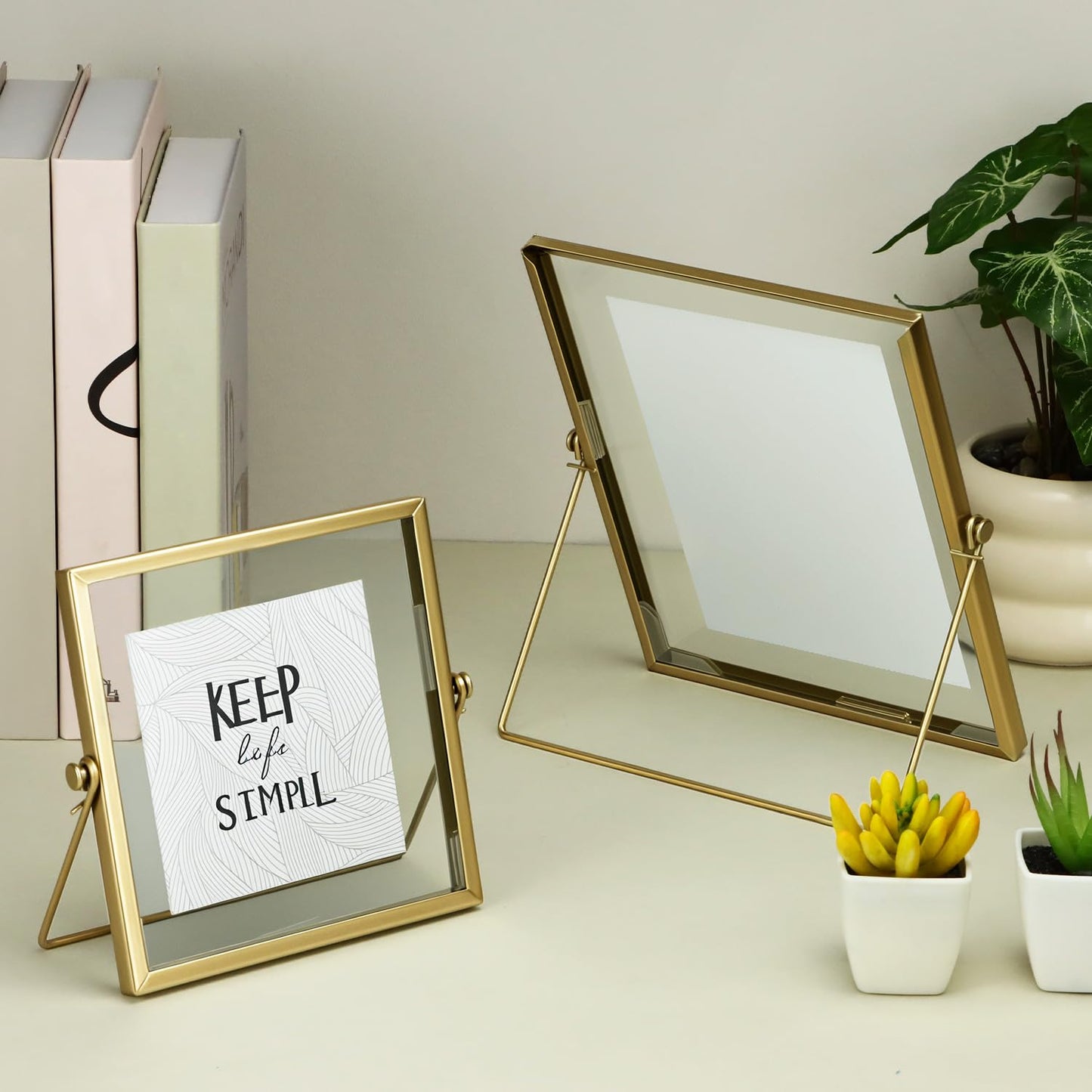 QWORK Gold Floating Picture Fram, Set of 3 Glass Double Panel Metal Frame, Includes 5x7, 4x6, 4x4, Tabletop Display for Postcards Photos Artworks
