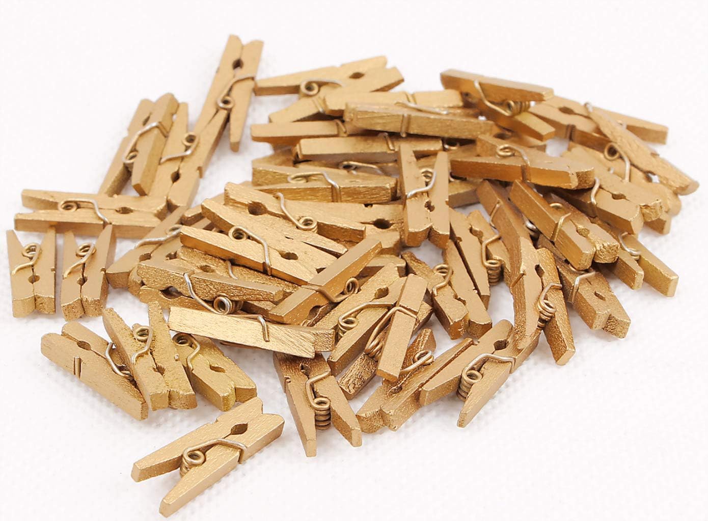 DurReus Small Wooden Clips, Cute 1.5 Inch Clothespin Photo Paper DIY Craft Holder with Jute Twine, Gold Pack of 50