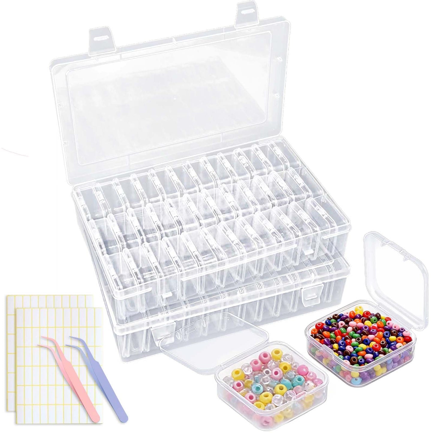 YUX-DTDSU 74 PCS Bead Organizer Box with Hinged Lid, Craft Storage Containers with 2Pcs Tweezers and Labels, Small Clear Plastic Diamond Painting Storage Case for Jewelry, Bracelet, Seed, DIY Crafts