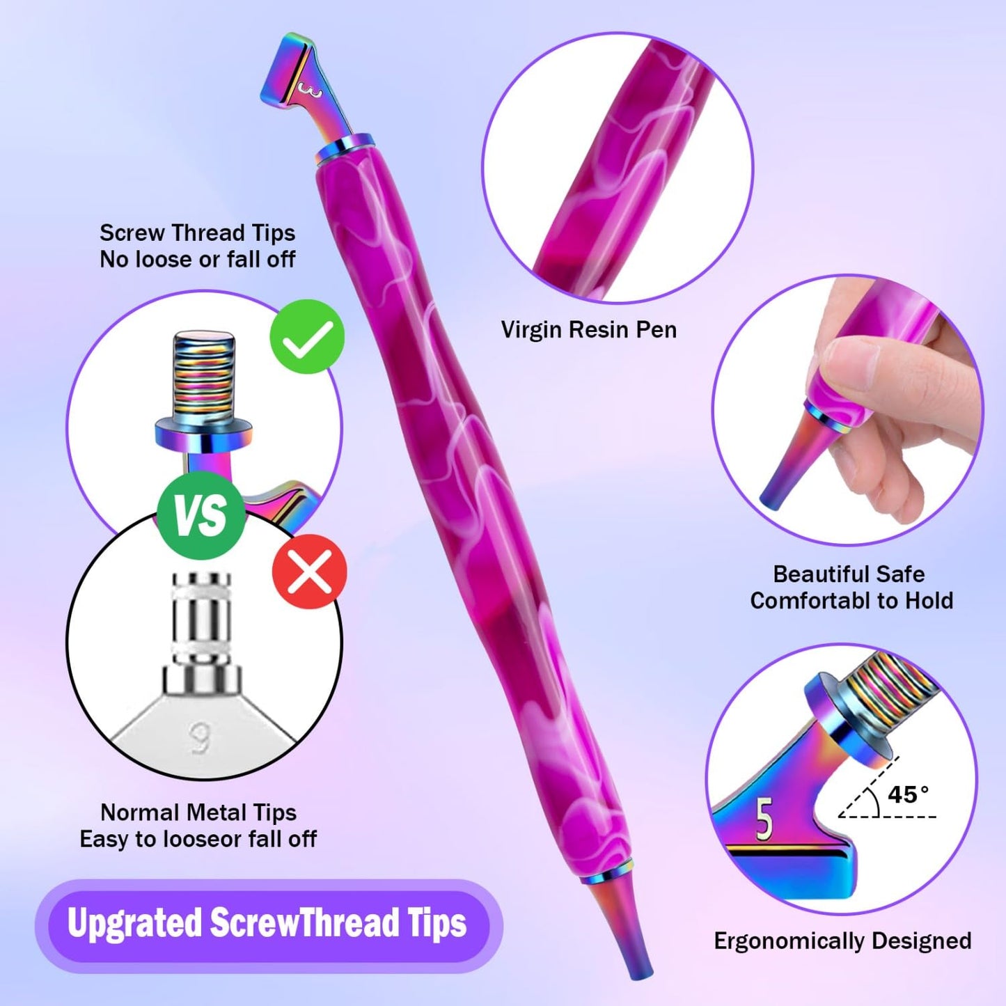 Sttargxing 21 PCS Diamond Painting Pen Kit,45 Degree Stainless Steel Screw Thread Multi Placer with 6 Clay, Diamond Painting Pen Accessories for DIY Craft (Colourful-45° Bevel)