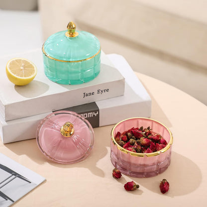 7 oz Pink Glass Jewelry Jar Cube - Facets Candy Storage Sugar Bowl with Lid for Kitchen Bath Gift Organizer
