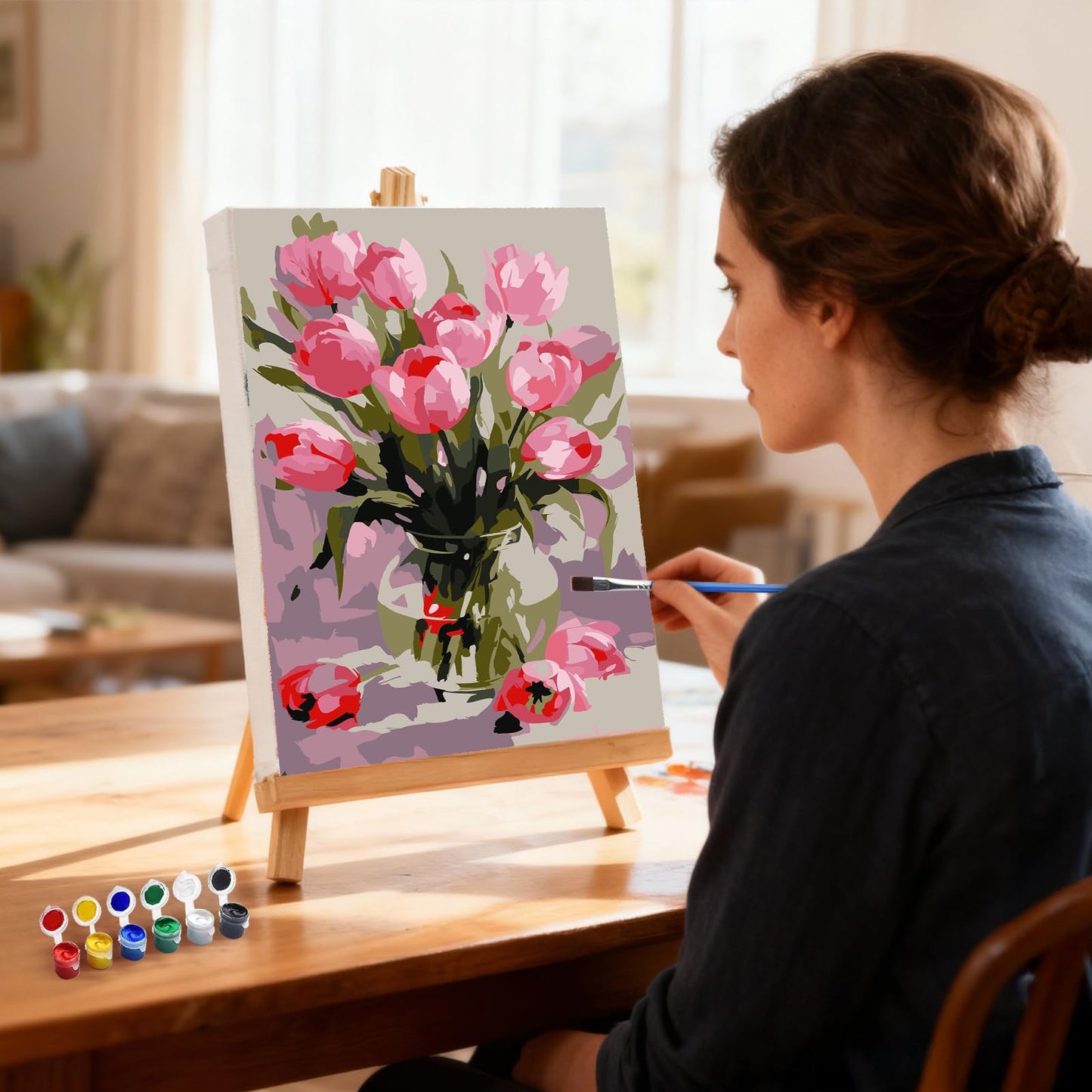 MXJSUA Pink Tulips Framed Paint by Numbers Kit for Adults Beginner with Wooden Easel, Adults' Paint-by-Numbers on Canvas, Easy DIY Acrylic Number Painting for Home Decor Gifts, 8x12 inch