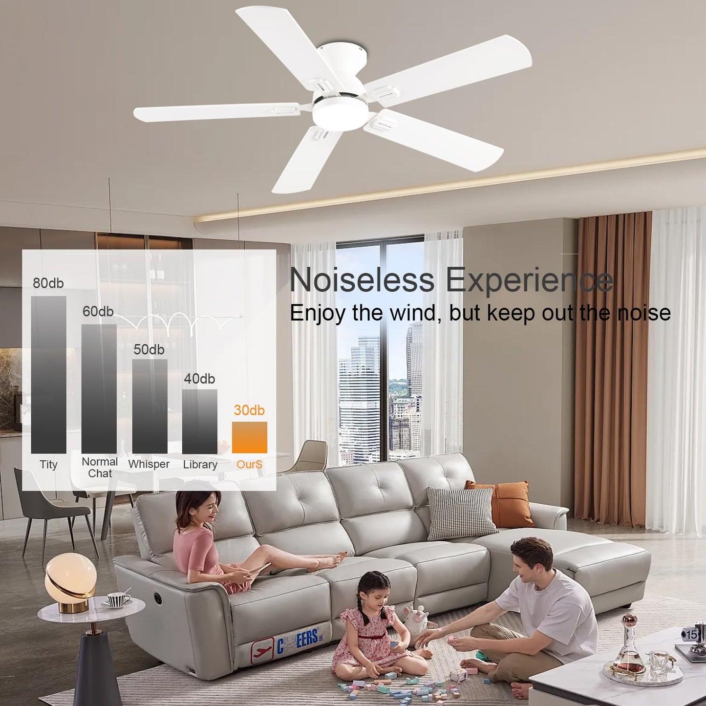 GJeg Ceiling Fans with Lights, 52 Inch Low Profile Ceiling Fan with Light and Remote, Flush Mount Ceiling Fan, 3CCT, Dimmable, Noiseless, Ceiling Light Fan for Bedroom, Indoor/Outdoor Use,White
