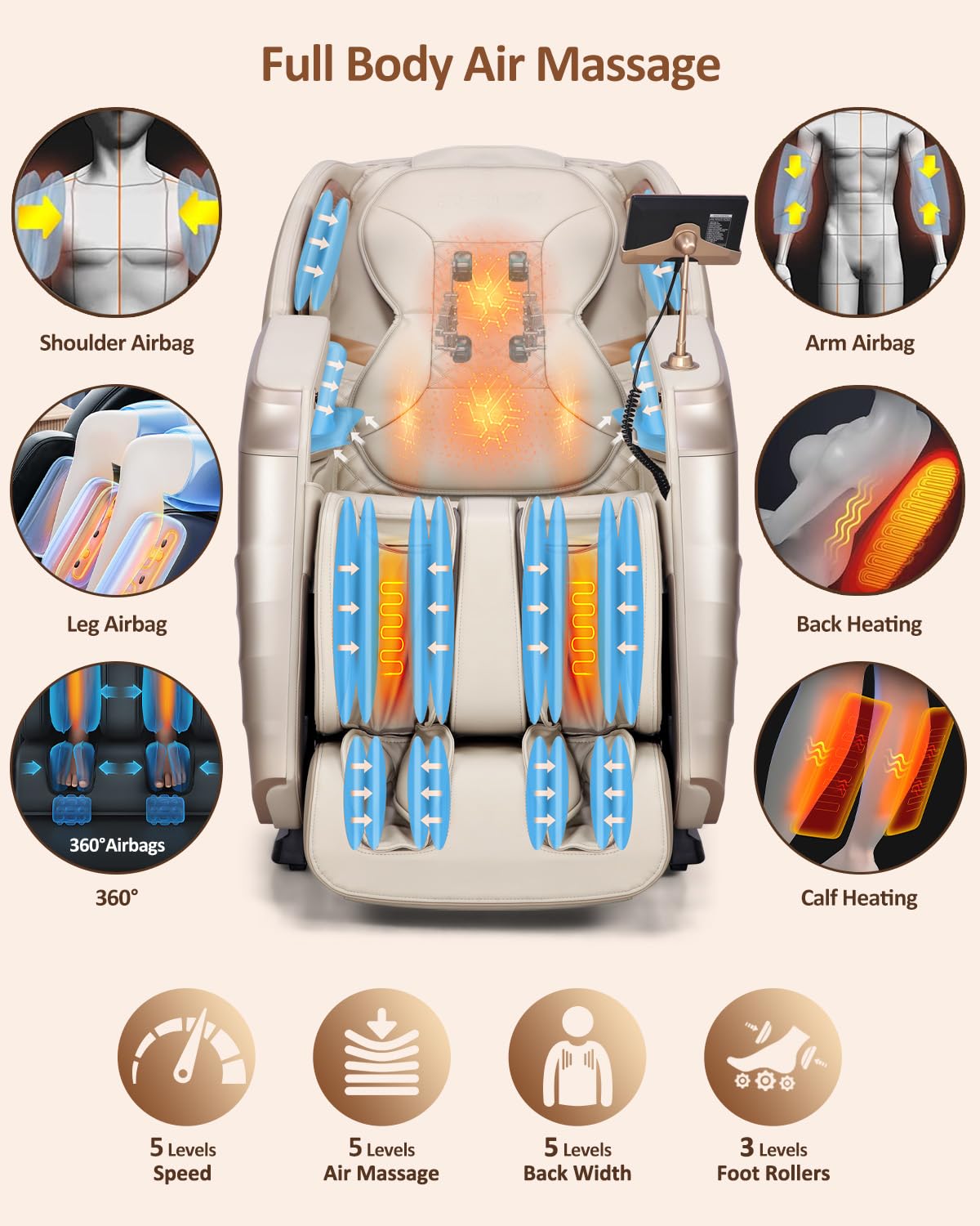 RELX Massage Chair Full Body, 20 Modes Zero Gravity SL-Track Shiatsu Massage Chair Built-in Heat System, Airbag Massage with Body Scan, Deep Yoga Stretch, Calfrest Extension and AI Control(Cream)