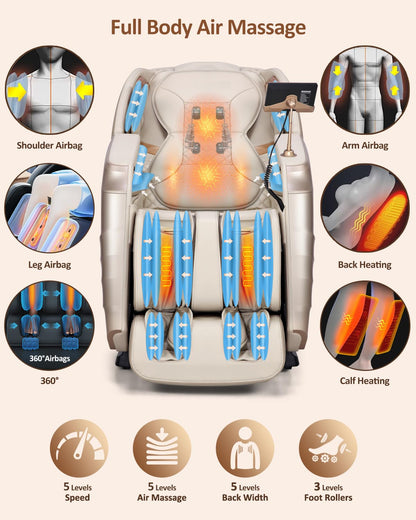 RELX Massage Chair Full Body, 20 Modes Zero Gravity SL-Track Shiatsu Massage Chair Built-in Heat System, Airbag Massage with Body Scan, Deep Yoga Stretch, Calfrest Extension and AI Control(Cream)