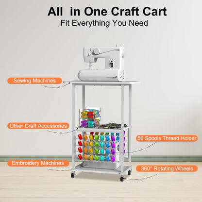 Rolling Craft Table with 56 Spools Thread Holder, 3 Storage Shelves, Portable Sewing Cabinet for Embroidery Machine, Craft Cart Organizer, White