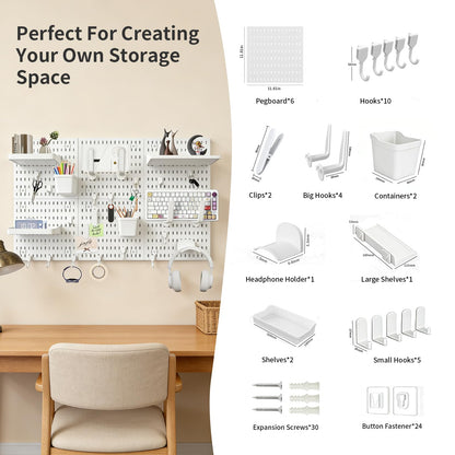 LBW Pegboard Wall Organizer, 6-Pack 11.8" × 11.8" White ABS Peg Board Panels with 27 Accessories, Modular Plastic Pegboard Combination Kit for Home, Office, Garage, Tool Storage & Craft Room