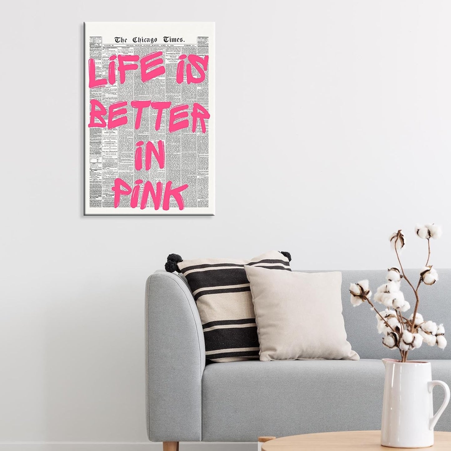 Skiennix Pink Wall Art - Retro Newspaper Canvas Poster with Positive Quote | Minimalist 16x24in Decor