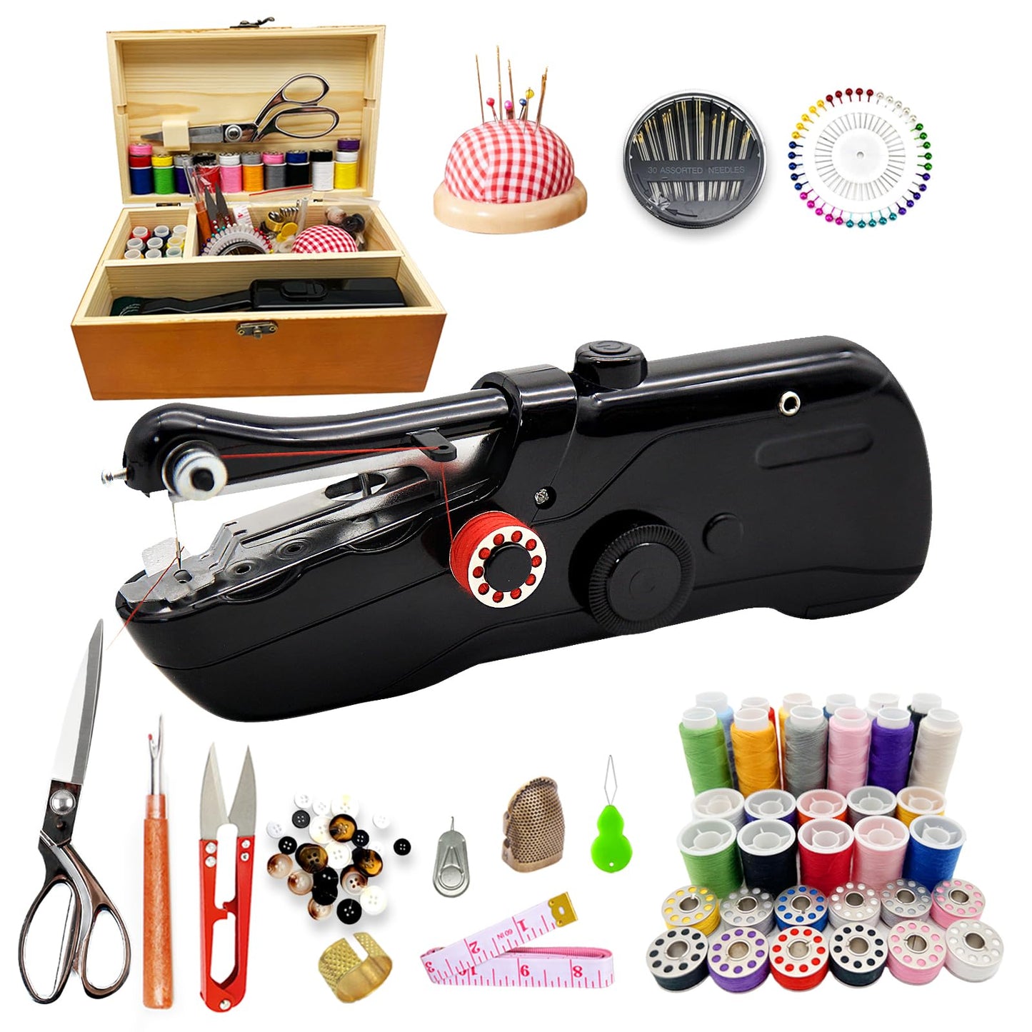 Handheld Sewing Machine with Exquisite Wooden Storage Box & 142-Piece Sewing Kit - Electric Switch, Dual Power Supply, Assorted Needles, Threads, Heavy Duty Scissors - Meets All Household Sewing Needs