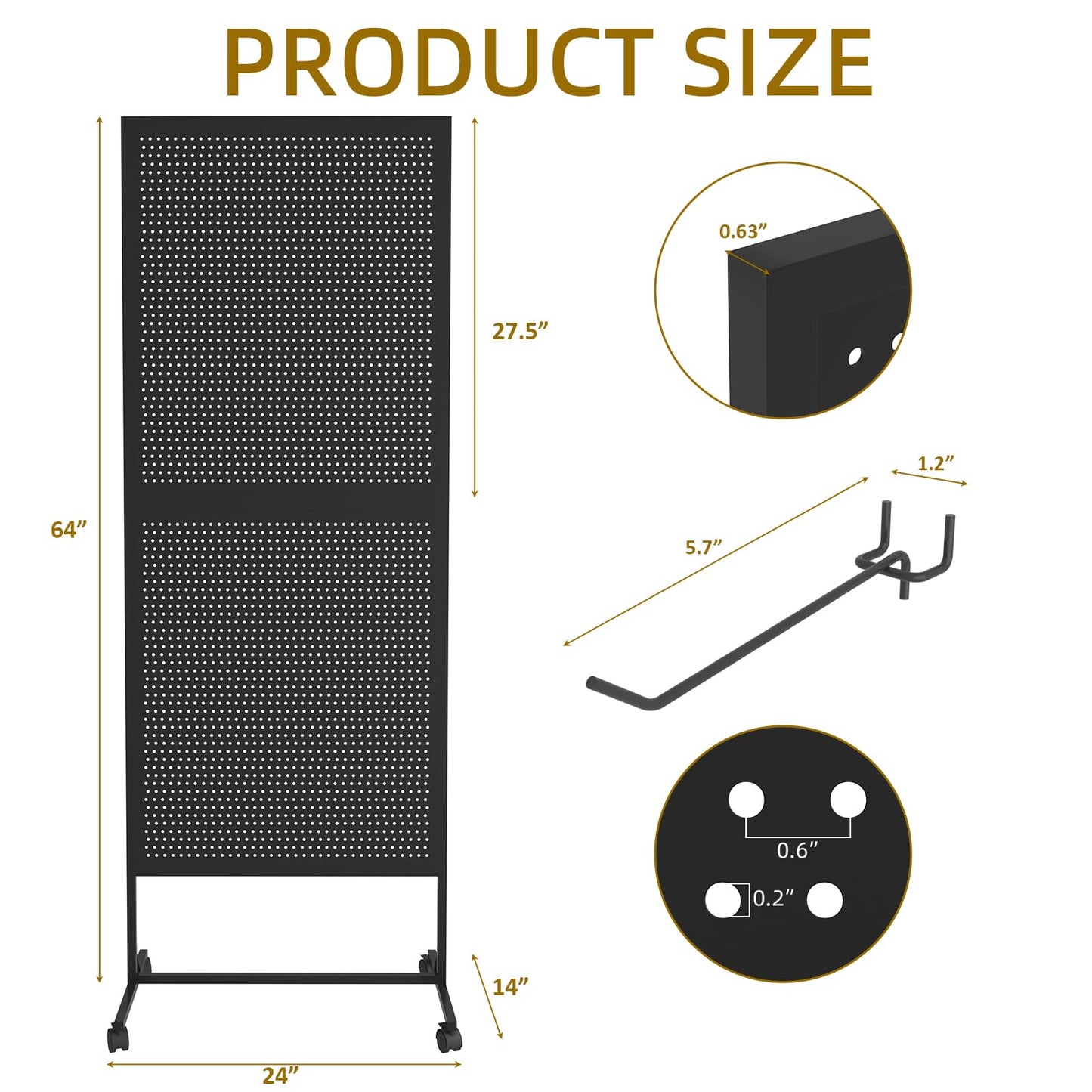 Arbuxzuy 2 x 5.5 Feet Pegboard Display Stand with 10 Hooks, Peg Board Stand with Wheels, Standing Pegboard Display, Metal Freestanding Pegboard Craft Shows Vendors Retail Jewelry Organizer (Black)