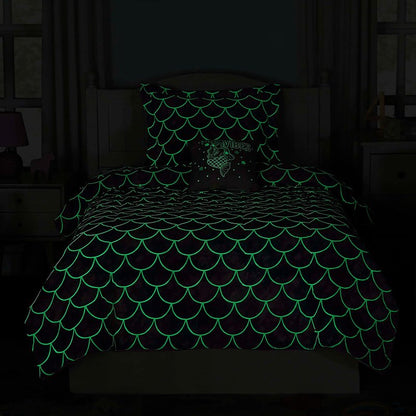 Wink Deer Twin Comforter Set for Girls-3 Pieces Mermaid Glow in the Dark Twin Bedding Sets for Kids,1 Comforter,1 Sham and 1 Decor Pillow