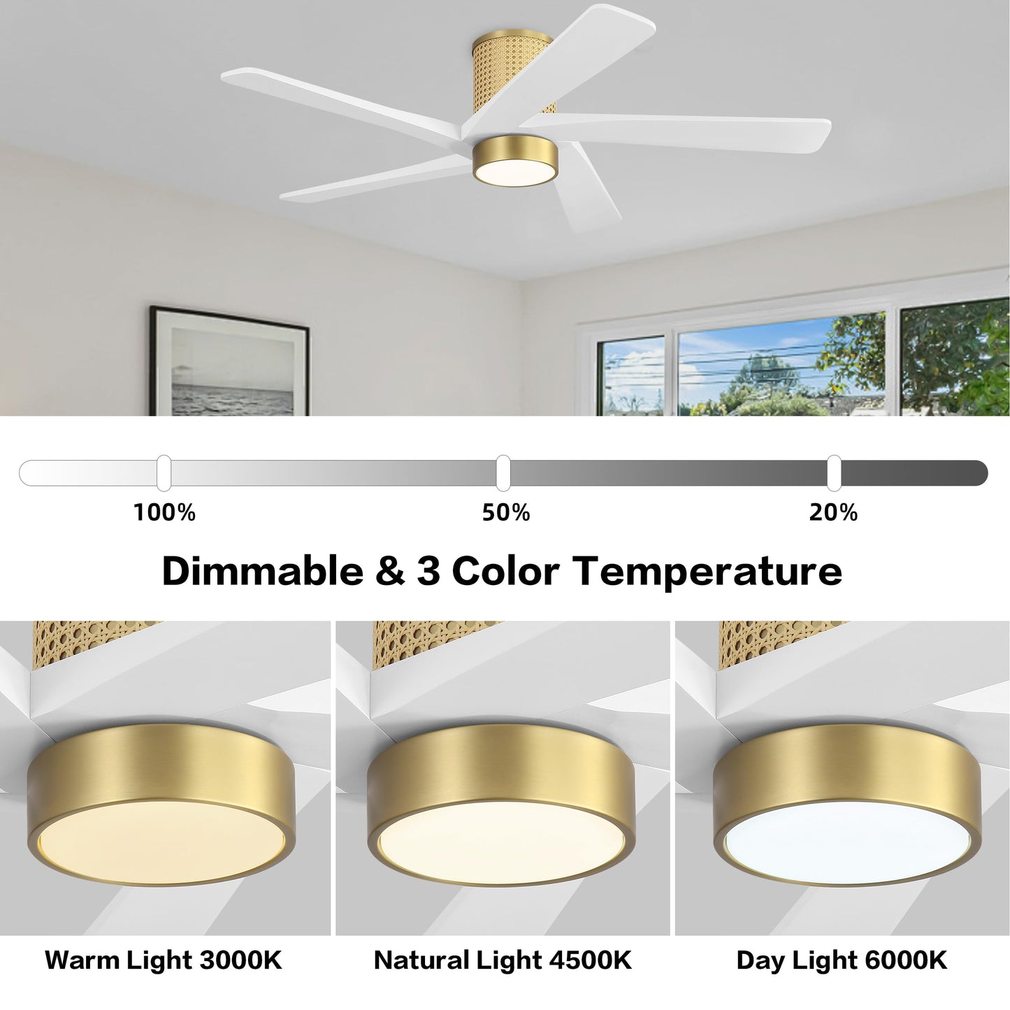WINGBO 54 Inch Flush Mount Rattan Ceiling Fan, 3CCT Dimmable Light, 5 Carved Wood Blades, 6-Speed Reversible DC Motor, Modern Ceiling Fans for Indoor, Aged Brass Finish and White Blades