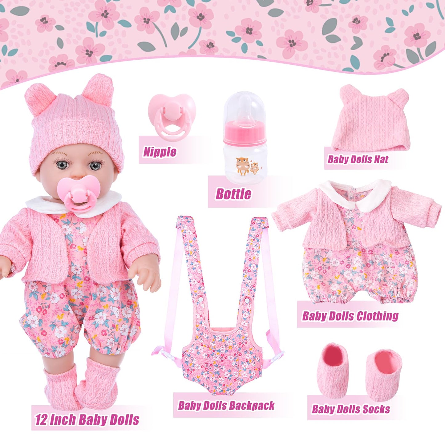 DOTVOSY 12" Baby Doll Set with Clothes and Baby Carrier for Dolls Reborn Baby Doll Accessories Include Feeding Bottles Nipple Toy Stuffs for Kids Age 3+